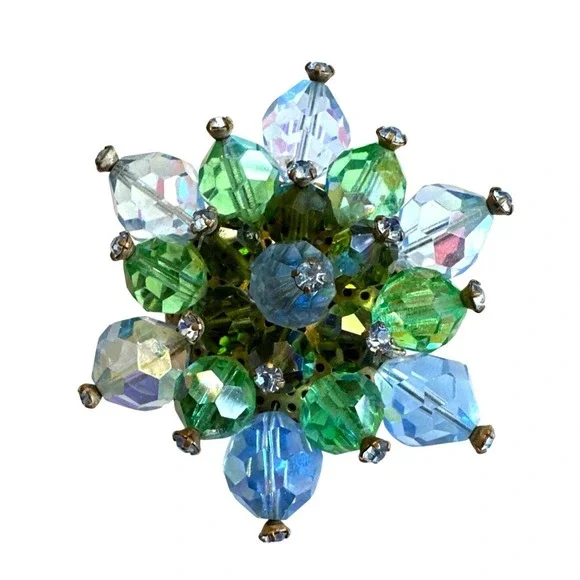 VTG 1950s AB‎ Crystal Brooch 2" Aurora Borealis Beaded Cluster Flower Pin MCM - Picture 5 of 10